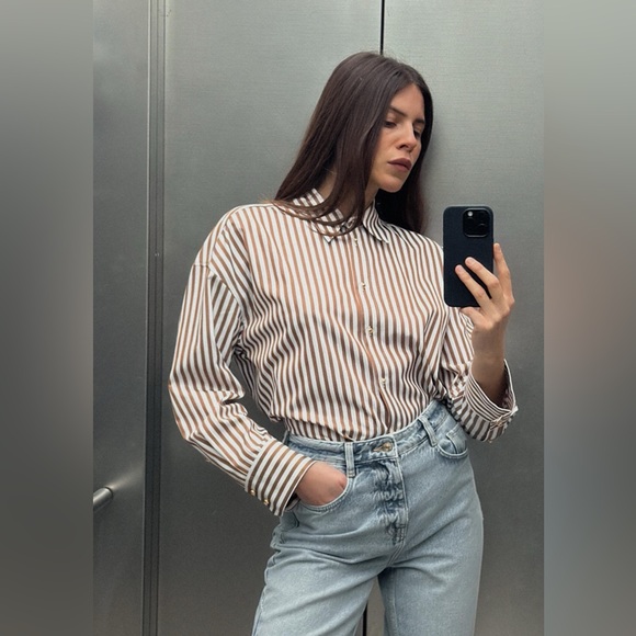 Zara White & Brown Striped Metallic Trim Button Up Cotton Blend Blouse - Picture 3 of 5